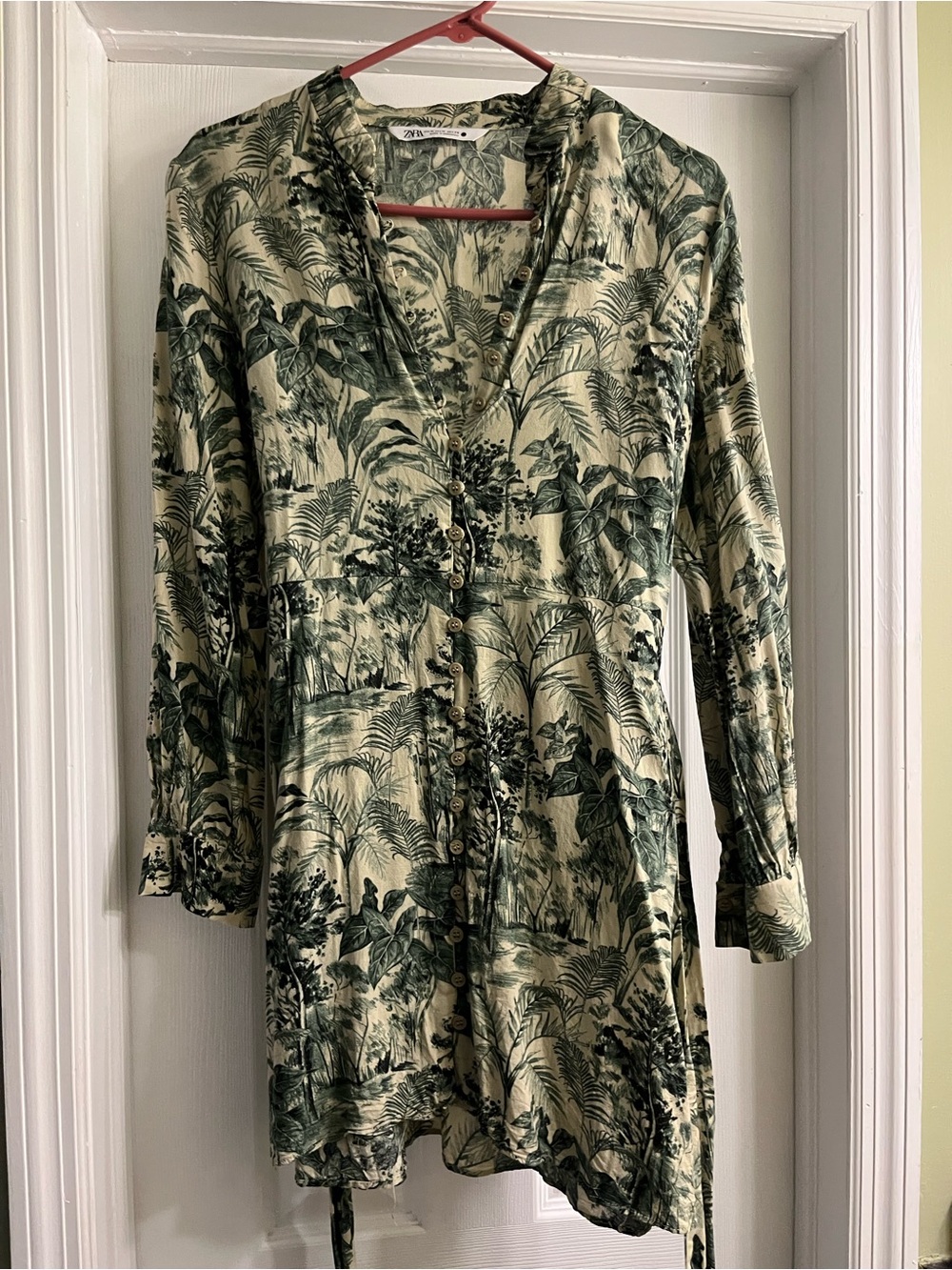 Zara Cream and Green Botanical Button-Front Long Sleeve Dress
